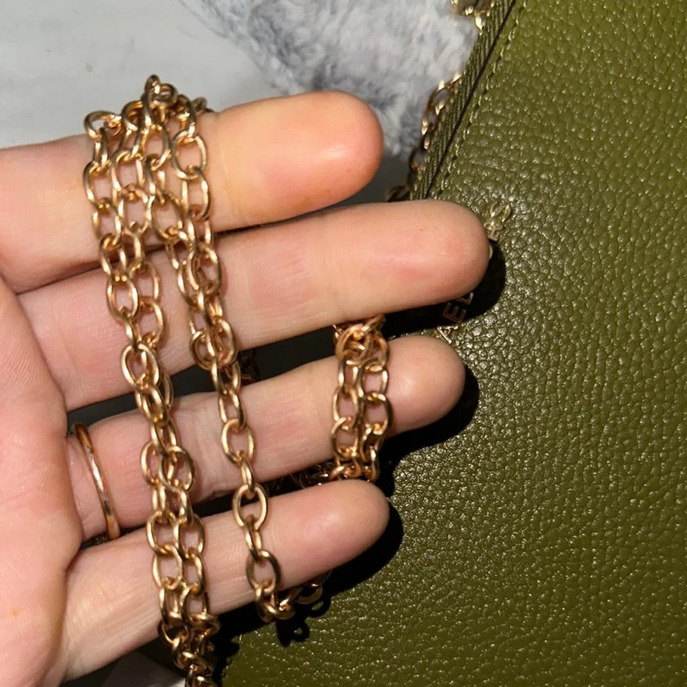 NWT Michael Kors Olive Green Wristlet holds phone two zip gold chain cute - Picture 11 of 13